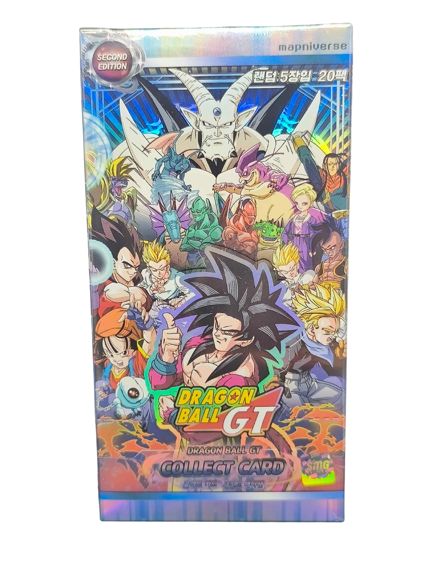 Boîte de cartes à collectionner avec personnages Dragon Ball GT, thème manga, fond coloré.