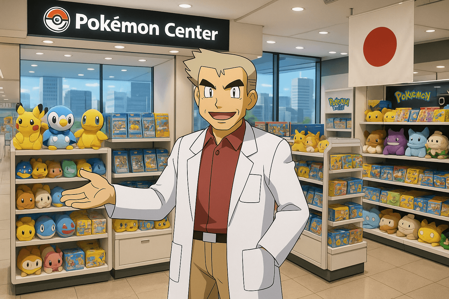 fait le professeur Pokémon qui est au japon dans un Pokémon center a Tokyo arborant un drapeau japonais