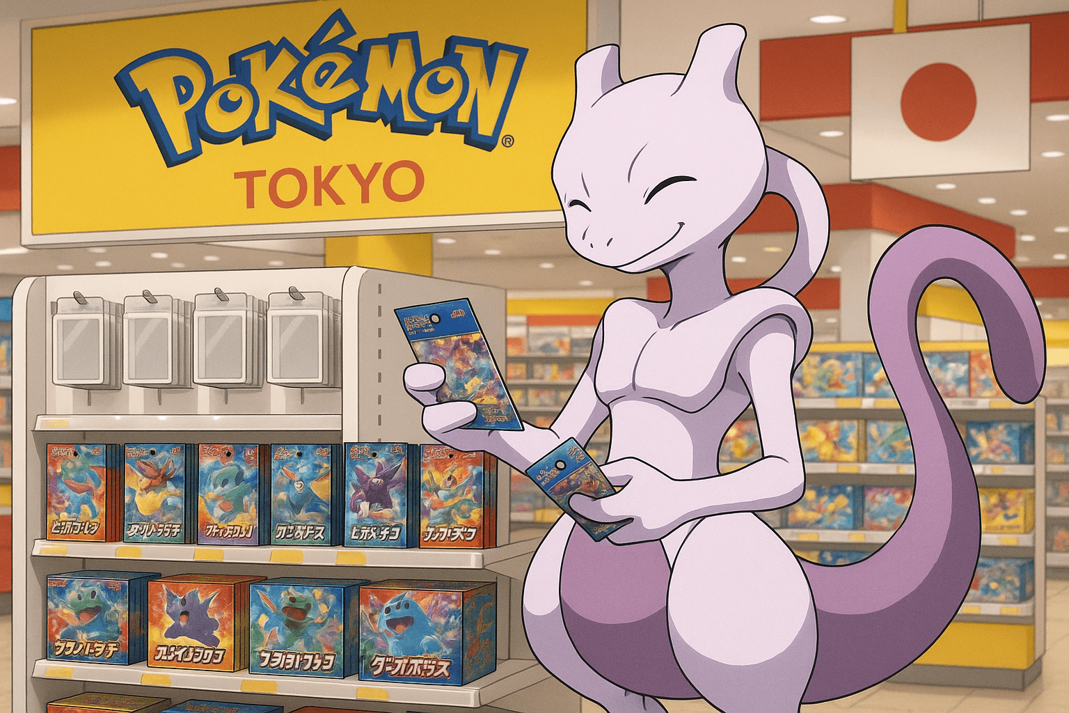 fait mewtwo ( qui fait un sourire ) qui fait ses achats de displays et de booster dans un Pokémon center à Tokyo arborant le drapeau du Japon