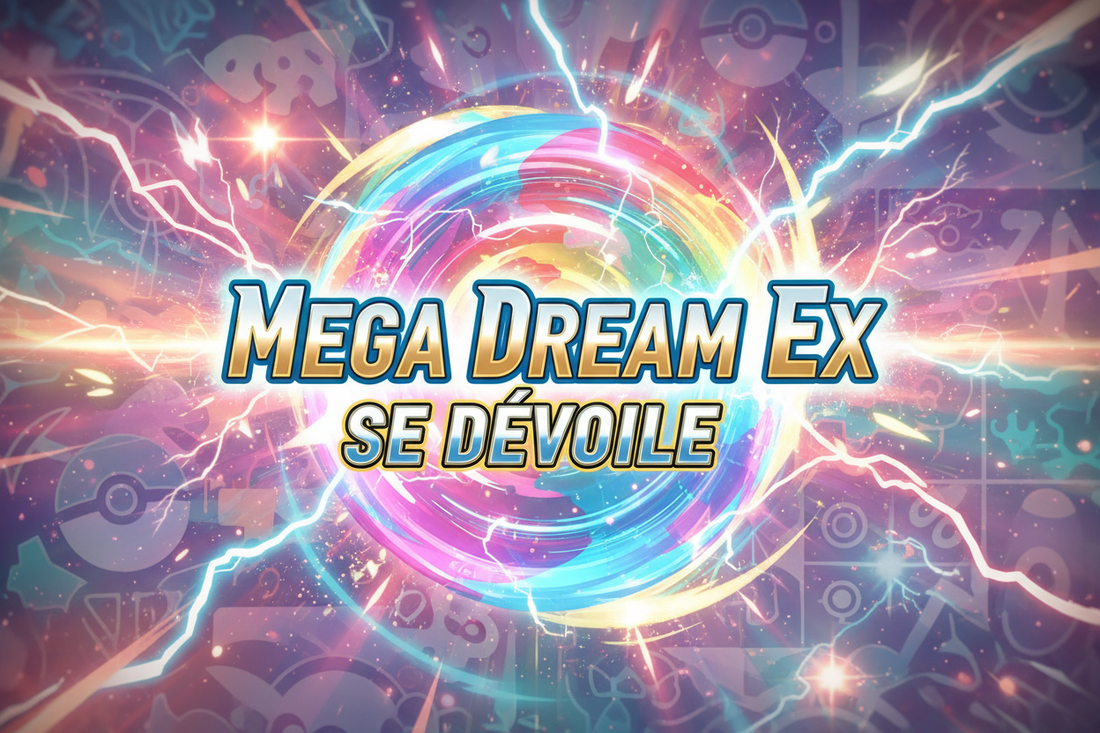 Visuel Pokémon coloré avec éclair et Poké Balls, texte Mega Dream Ex se dévoile