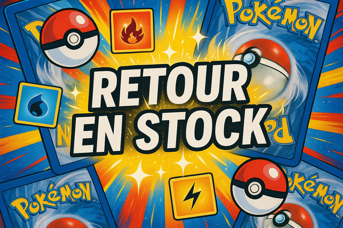 Visuel Pokémon TCG avec texte 'Retour en stock', cartes et symboles énergie colorés