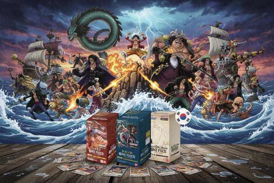 Boîtes et cartes One Piece sur fond d’action marine, sans lien Pokémon