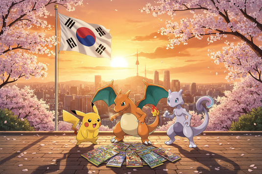 Pikachu, Dracaufeu et Mewtwo devant Séoul au coucher du soleil, cartes Pokémon et drapeau coréen