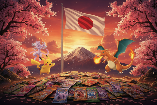 Pokémon Pikachu, Mewtwo et Dracaufeu devant le mont Fuji et drapeau japonais, avec boosters de cartes