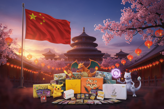 Pokémon cartes et coffrets devant drapeau chinois et temple, avec Pikachu, Dracaufeu et Mewtwo