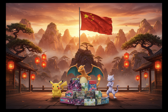 Pikachu, Dracaufeu et Mewtwo entourés de boosters Pokémon chinois sous drapeau et lanternes