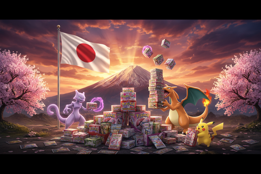 Pokémon Mewtwo, Dracaufeu et Pikachu avec boosters et coffrets devant le Mont Fuji et drapeau japonais