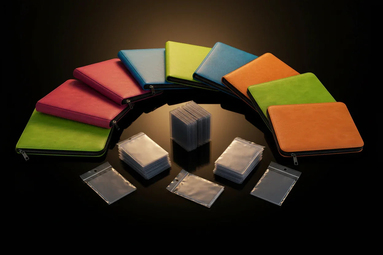 Albums Pokémon colorés et pochettes de protection pour cartes à collectionner
