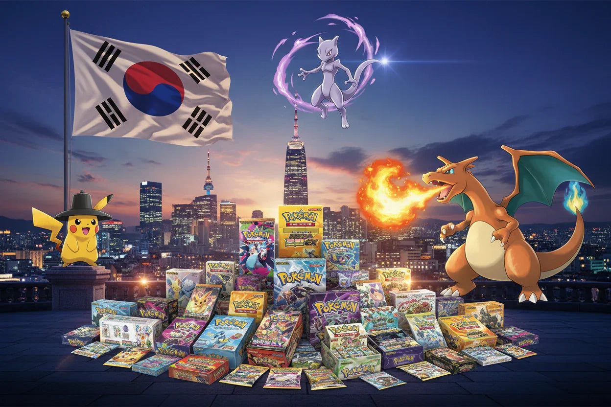 Pokémon coréens : Pikachu, Dracaufeu et Mewtwo devant drapeau sud-coréen et boîtes de cartes
