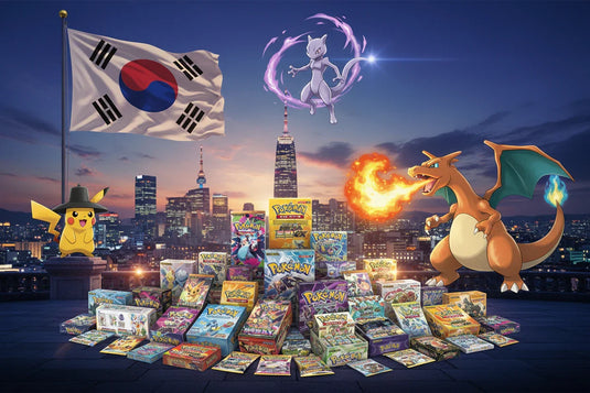 Pokémon coréens : Pikachu, Dracaufeu et Mewtwo devant drapeau sud-coréen et boîtes de cartes
