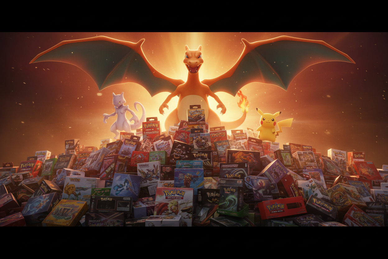 Pikachu sur fond bleu avec logo Pokémon, thème univers Pokémon populaire