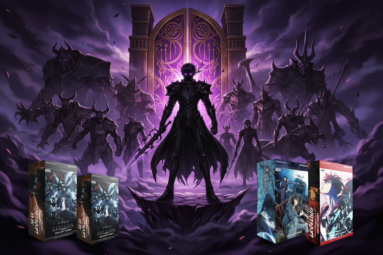 Visuel manga Solo Leveling avec personnage principal, ambiance fantasy sombre, thème Pokémon absent.