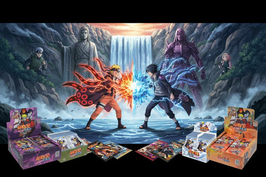 Boîtes et cartes à collectionner Naruto avec personnages en combat devant cascade, thème anime