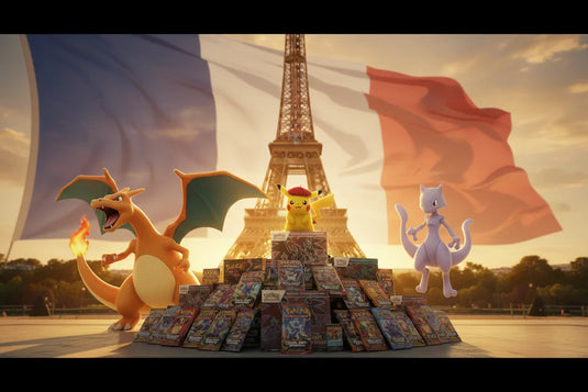 Pokémon Charizard, Pikachu et Mewtwo devant la Tour Eiffel avec drapeau français et boosters cartes