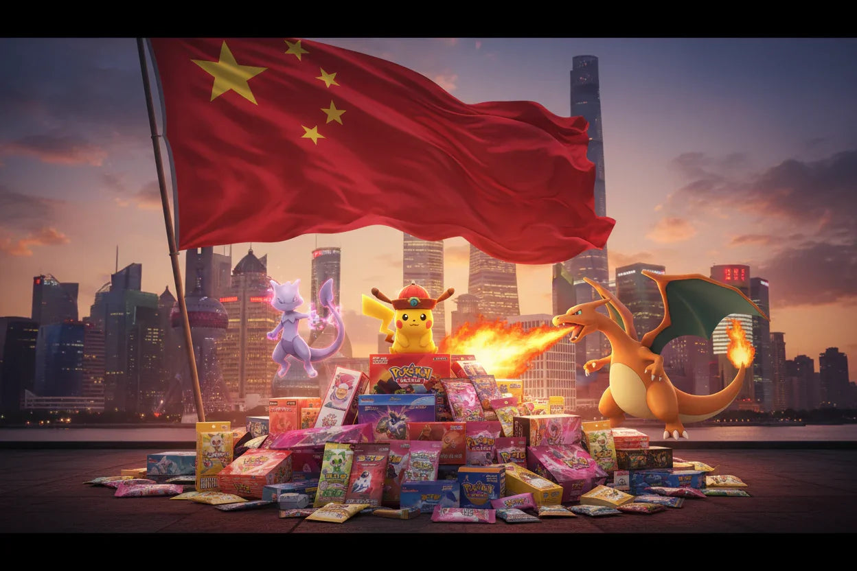 Pokémon Pikachu, Mewtwo et Dracaufeu devant drapeau chinois et cartes à collectionner
