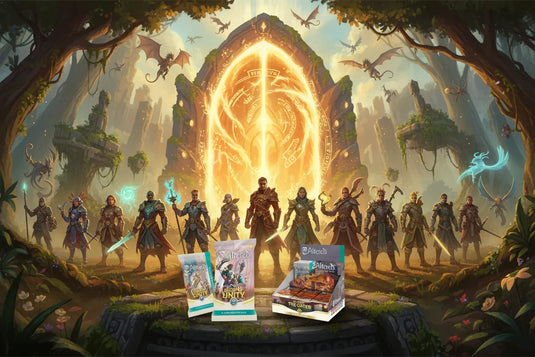 Boîtes et boosters Pokémon Altered, portes magiques et héros dans une forêt enchantée