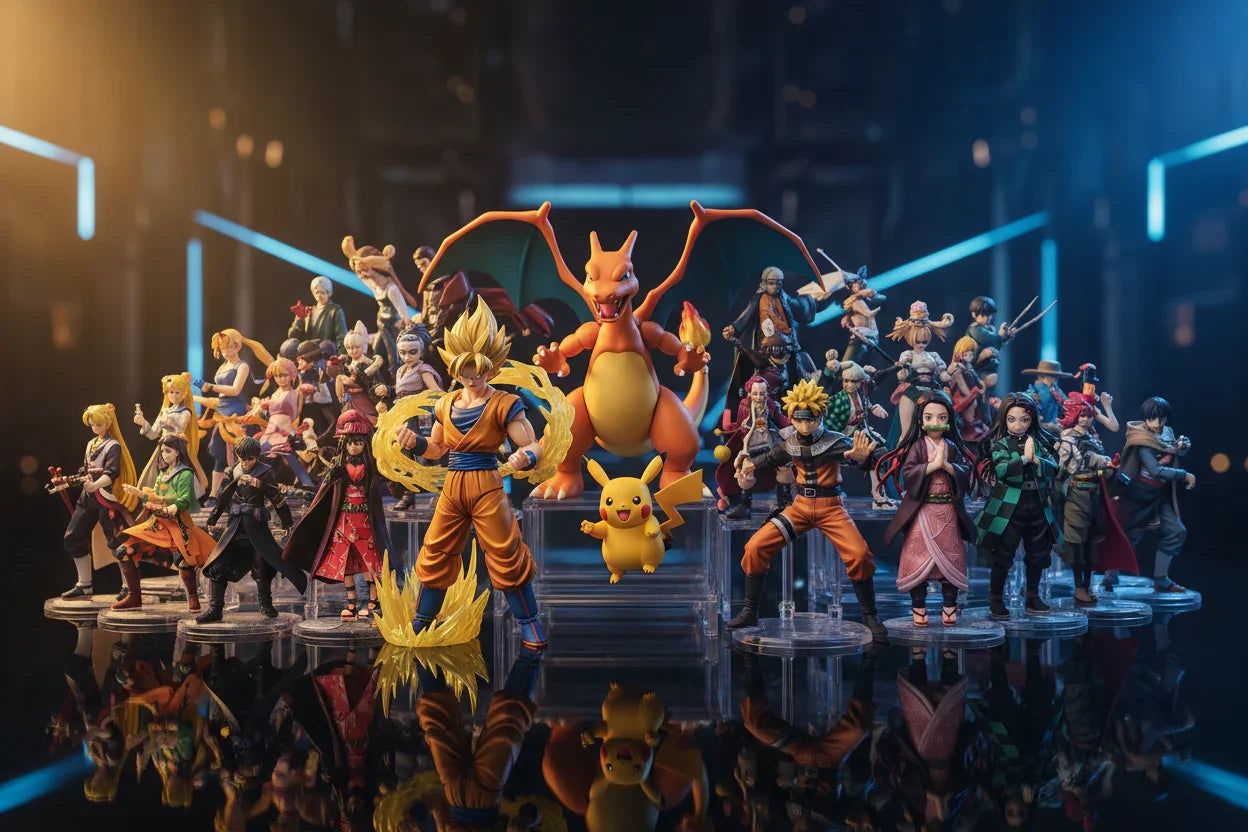 Figurines Pokémon et anime : Pikachu, Dracaufeu, Goku, Naruto, détails colorés, collection officielle