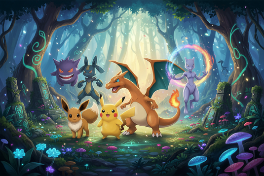 Pikachu, Évoli, Dracaufeu, Mewtwo et Gengar dans une forêt magique Pokémon
