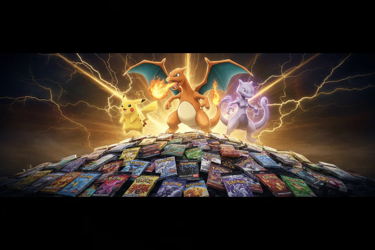 Pikachu, Dracaufeu et Mewtwo sur des boosters Pokémon avec éclairs