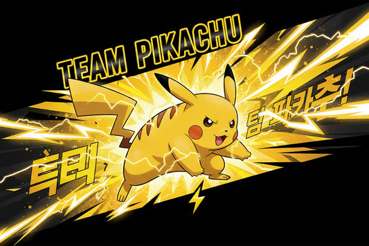 Illustration Pokémon de Pikachu avec éclairs jaunes, texte Team Pikachu et caractères coréens