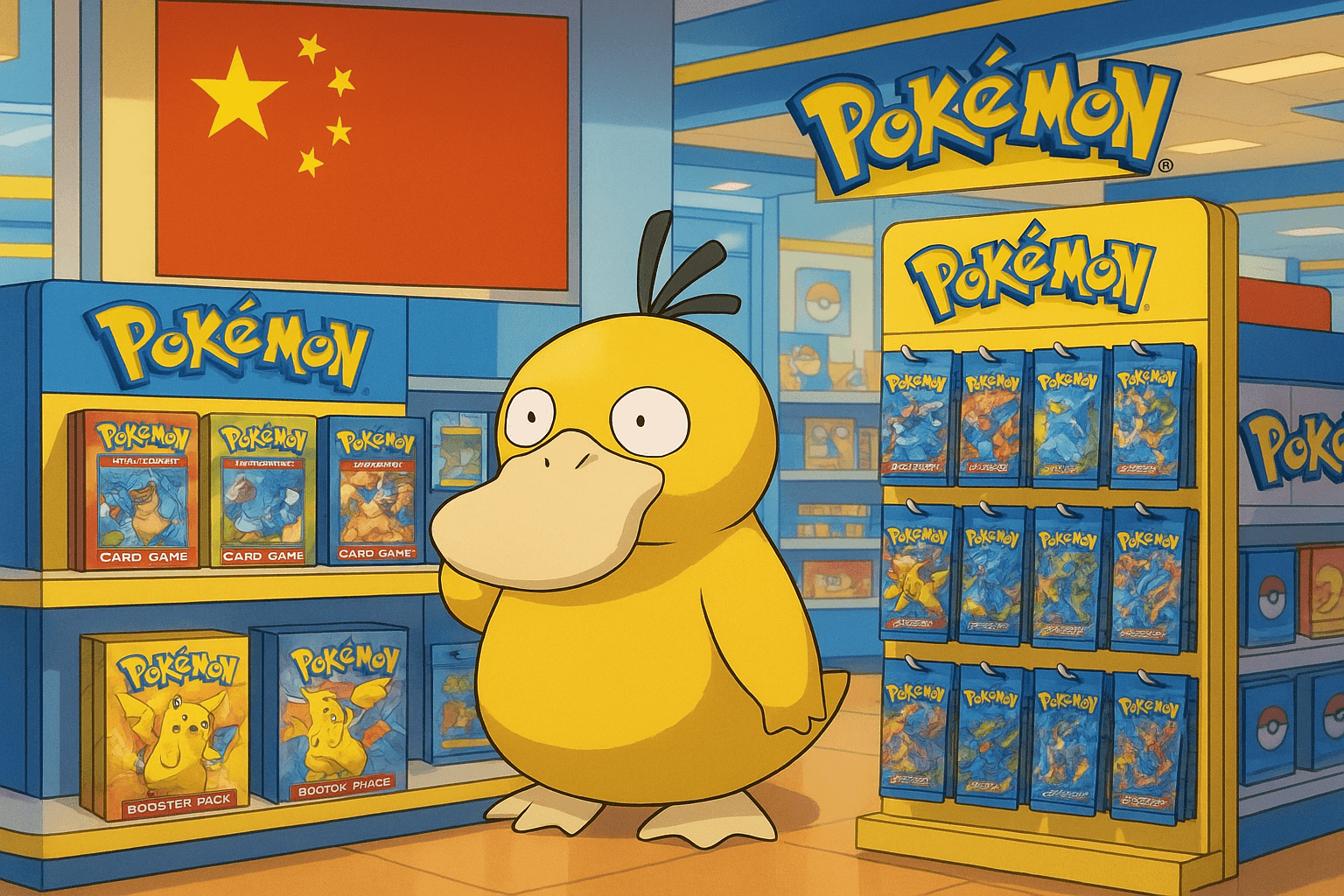 fait Psyduck qui fait ses achats de displays et de booster dans un Pokémon center arborant le drapeau de la Chine