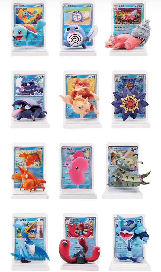 Les 12 figurines Pokémon aquatiques du coffret Aqua Mystères 151 avec leurs cartes